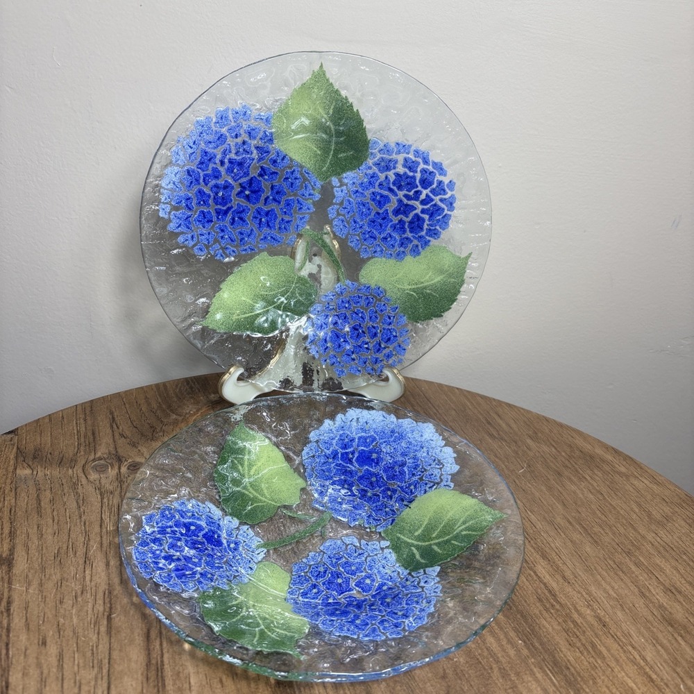2 Gorgeous Vintage Syderstricker Fused Glass Hydrangea Luncheon Plate 8.5"